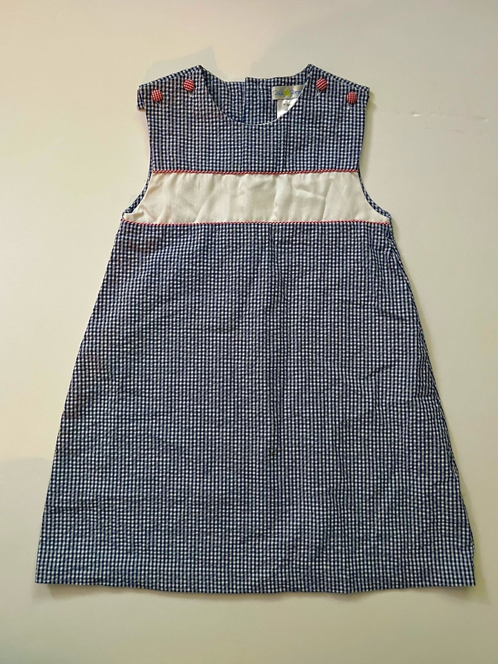 Petit Pomme Navy Gingham Sleeveless Kids Dress 4T red white and blue